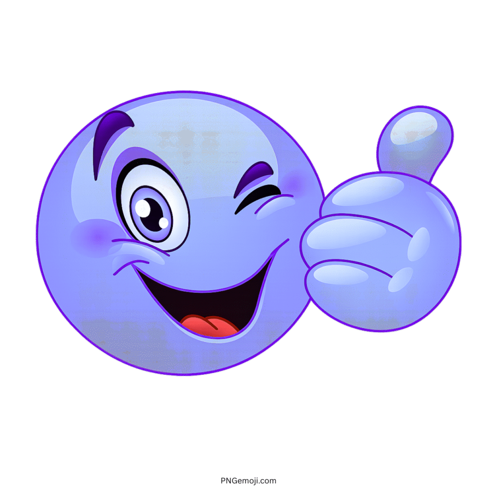 Winking purple emoji with thumbs up and shiny cartoon smiley face