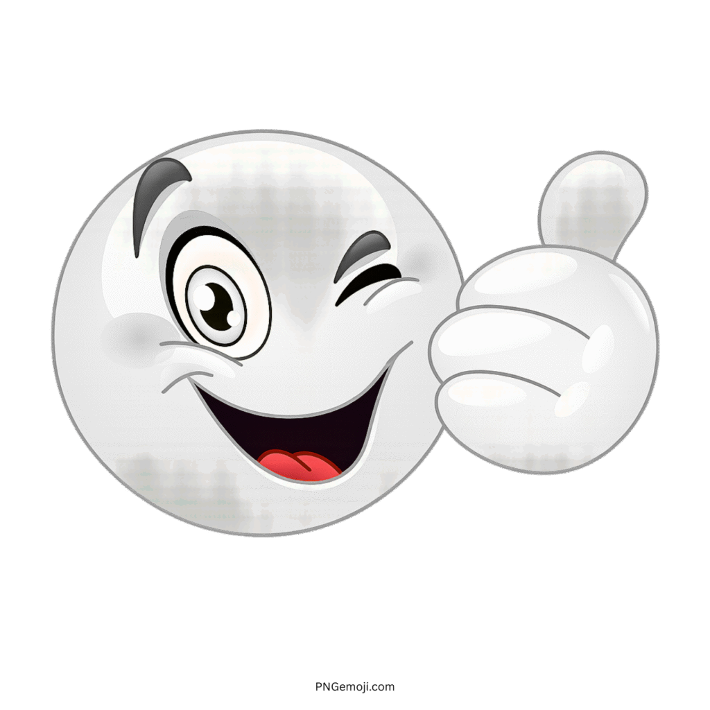White emoji winking with thumbs-up gesture and big cartoon smile