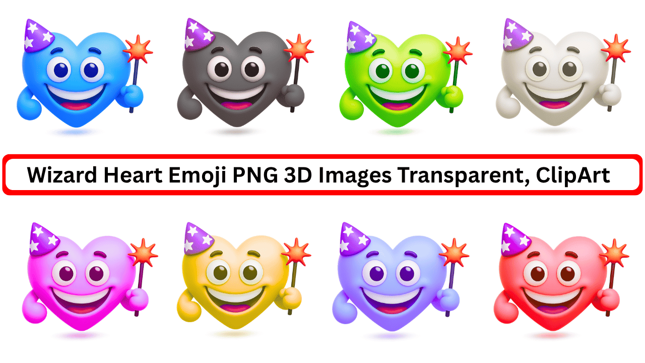Colorful wizard heart emojis in 3D with party hats and magic wands transparent clipart