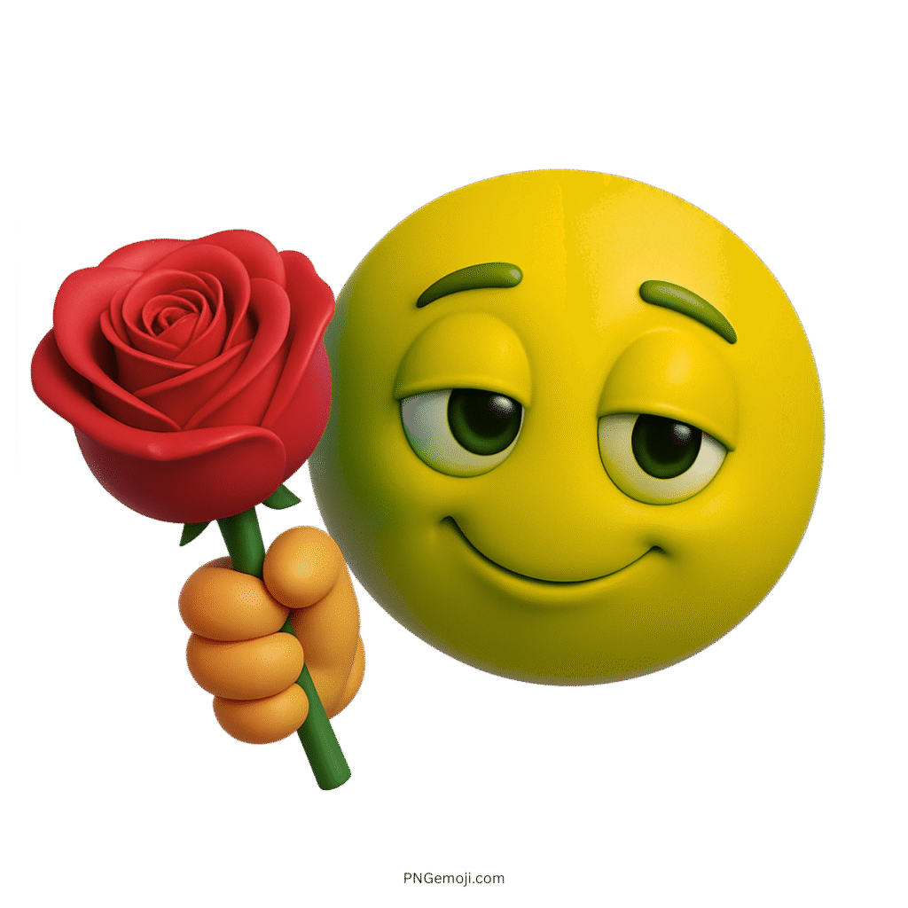 Yellow 3D smiley emoji offering red rose with sweet and romantic expression