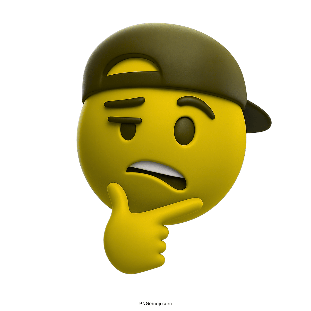 Yellow 3D emoji with backward cap and sarcastic thinking expression pose