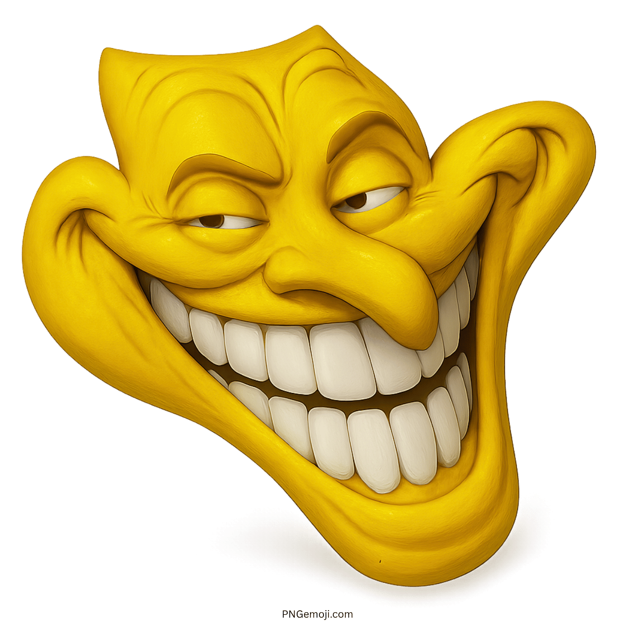 Yellow 3D troll face emoji with wide smug grin and sarcastic expression