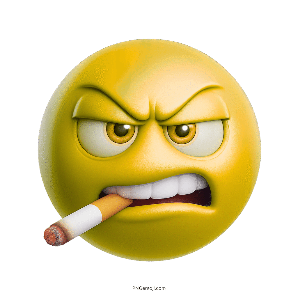 Yellow angry 3D emoji face with cigarette and intense cartoon expression