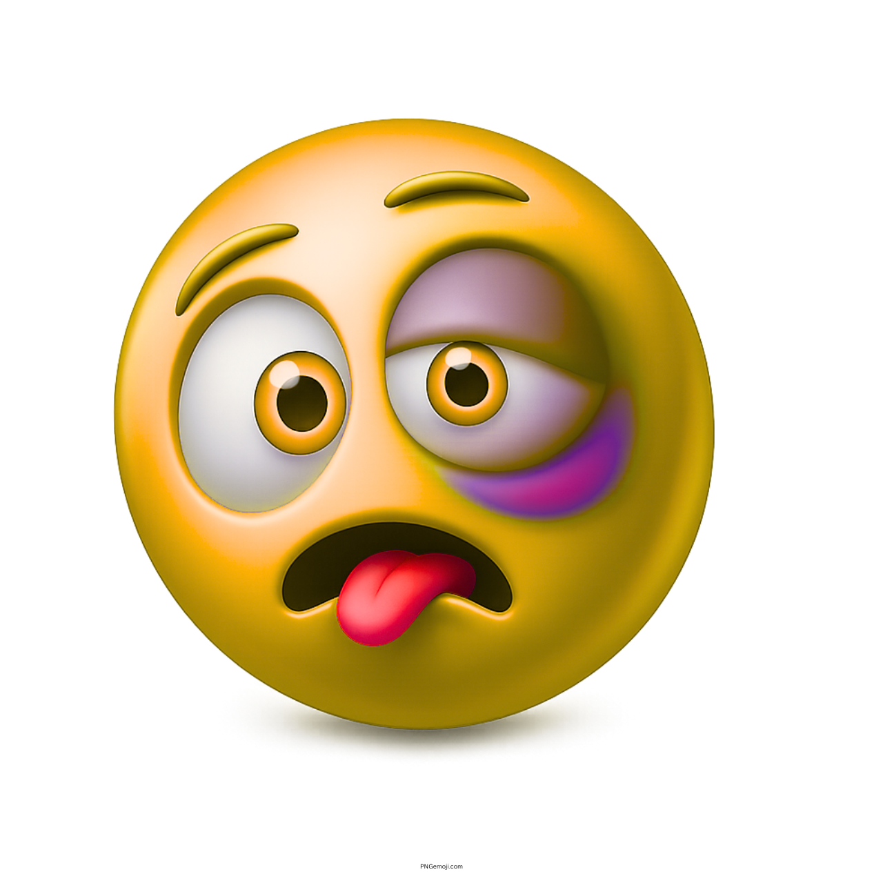 Yellow emoji with swollen black eye bruised face and tongue sticking out