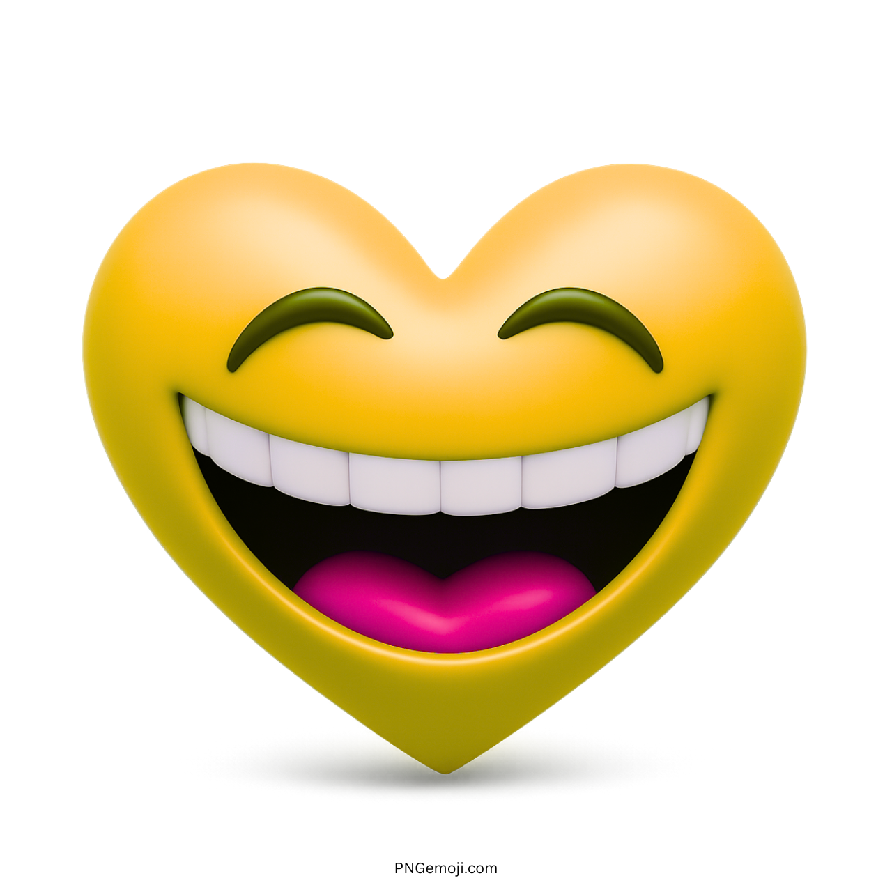 Yellow heart emoji with big smile and happy closed eyes in 3D cartoon style
