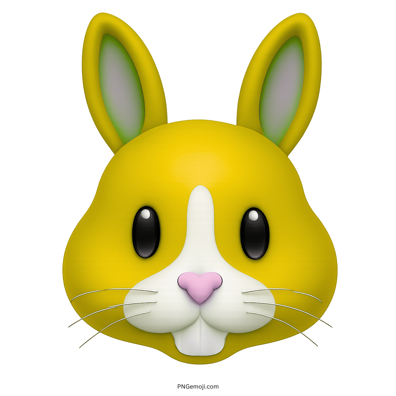 Yellow bunny face emoji with big ears, black eyes, pink nose, and white muzzle on green background.