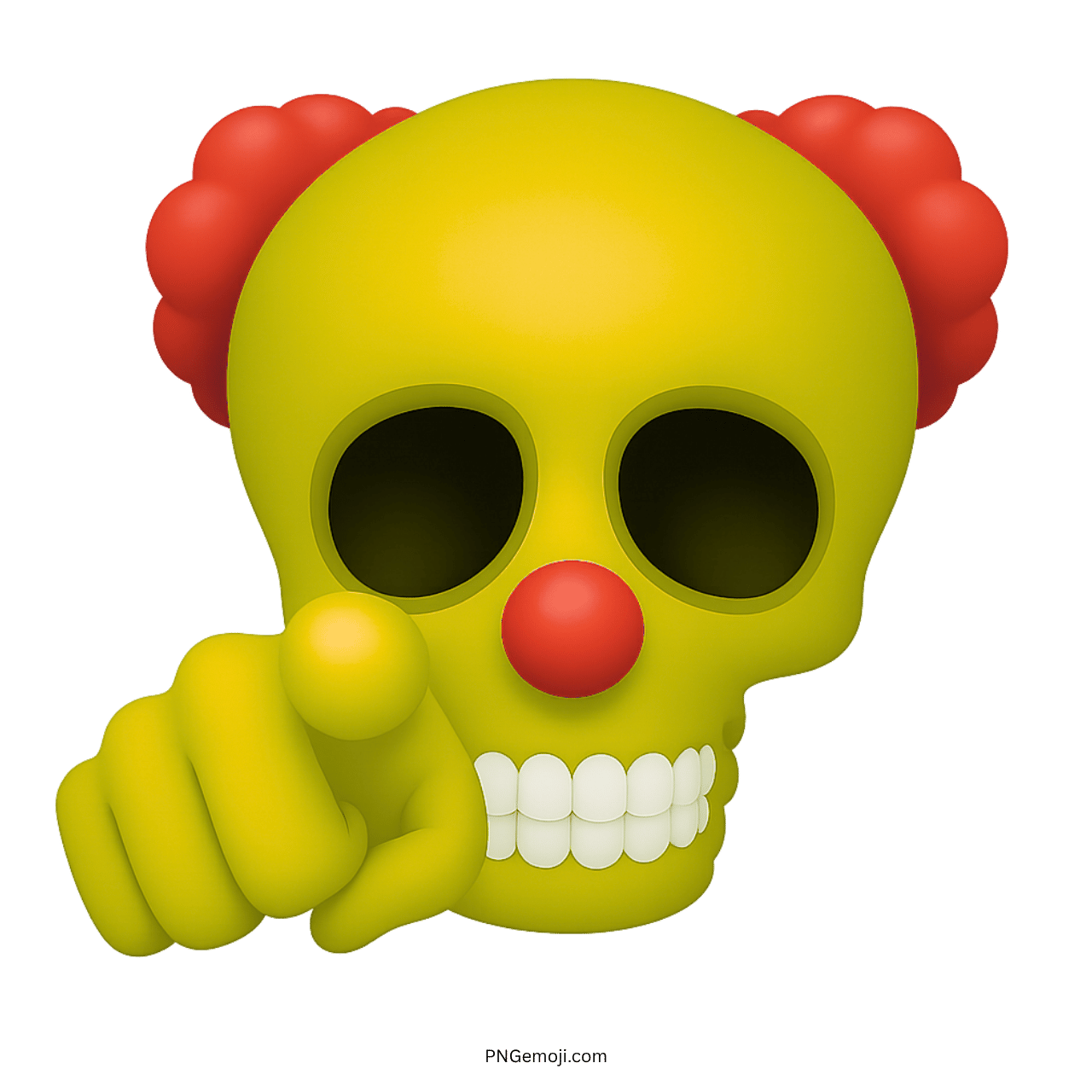 3D yellow clown skull emoji with red nose, red hair, and pointing finger