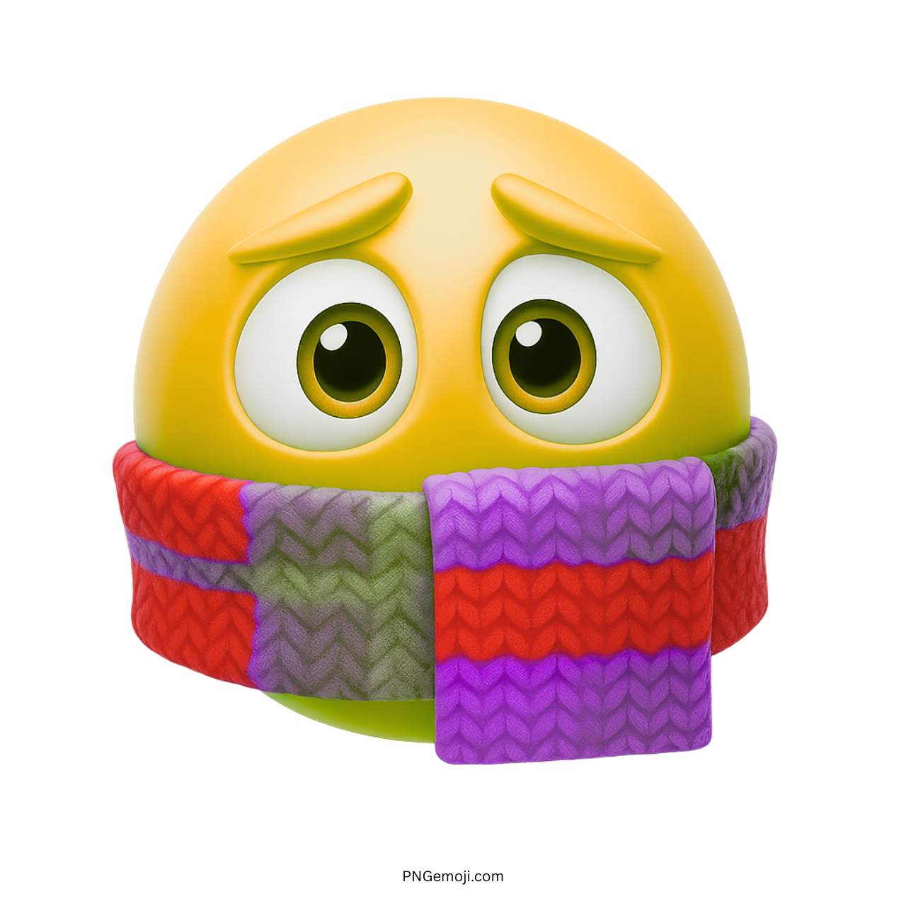 Yellow cold emoji with worried eyes wrapped in red, green, purple knit scarf
