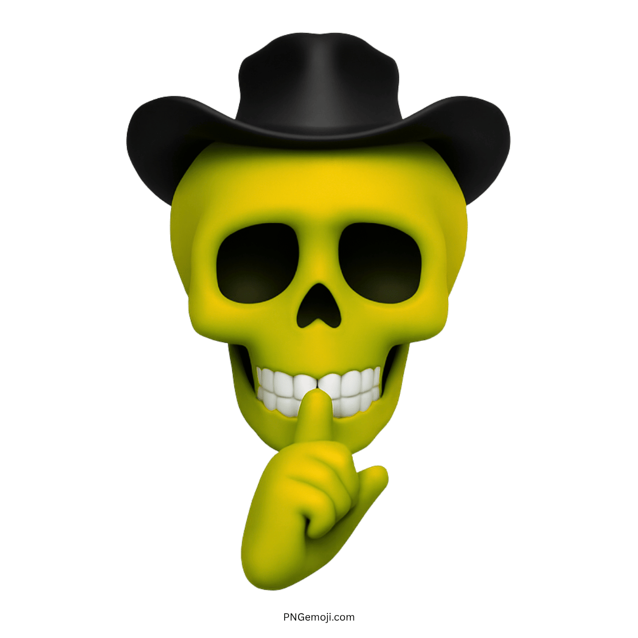 Yellow 3D skull emoji with cowboy hat and finger making a shush gesture