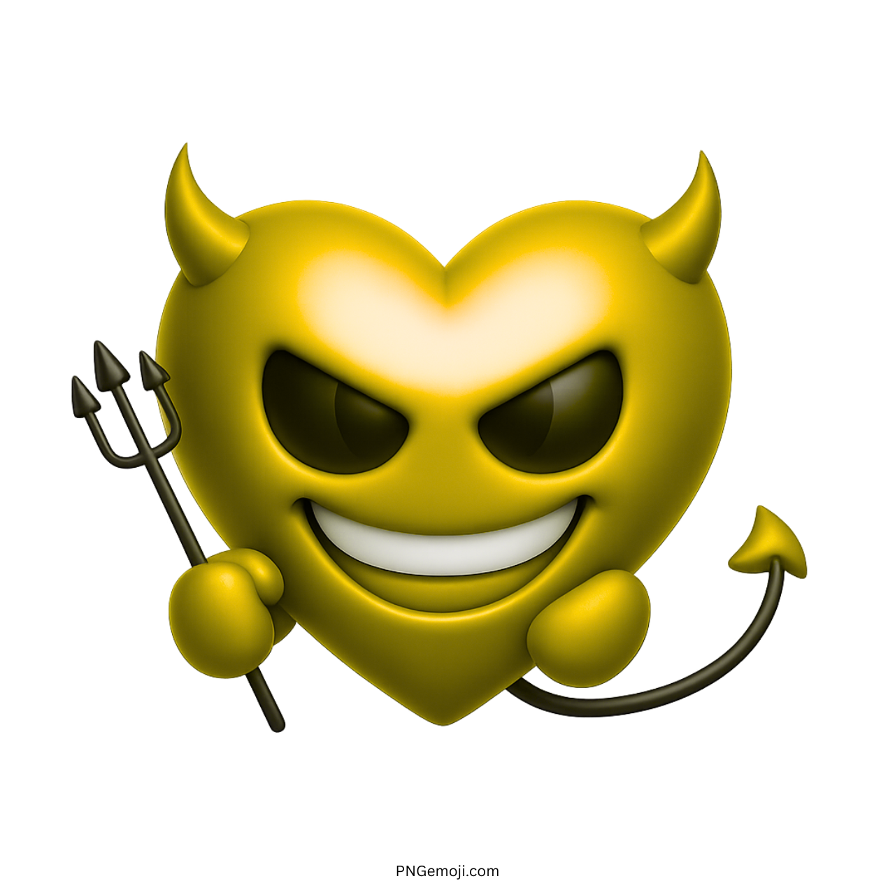 3D yellow devil heart emoji with horns, evil eyes, sharp smile, and trident