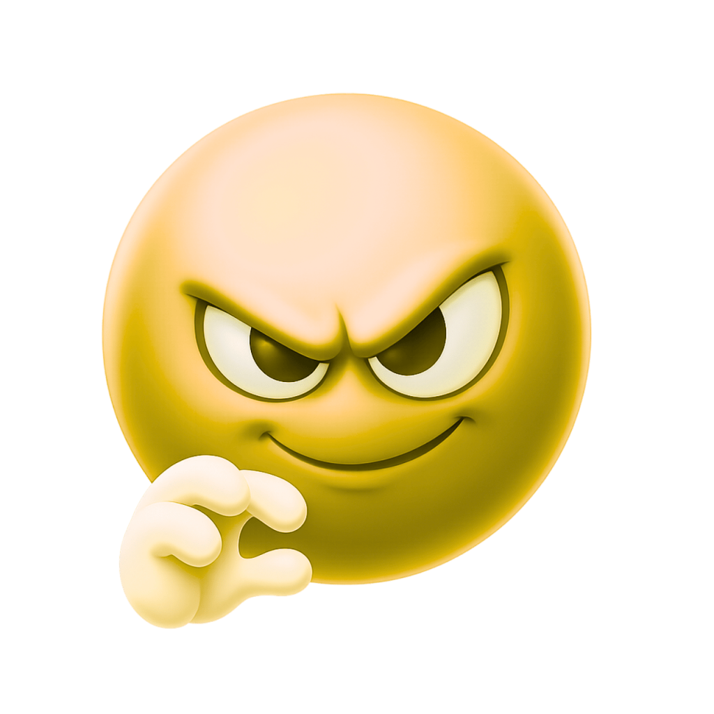 Yellow devious emoji with mischievous smirk face and evil expression cartoon style illustration