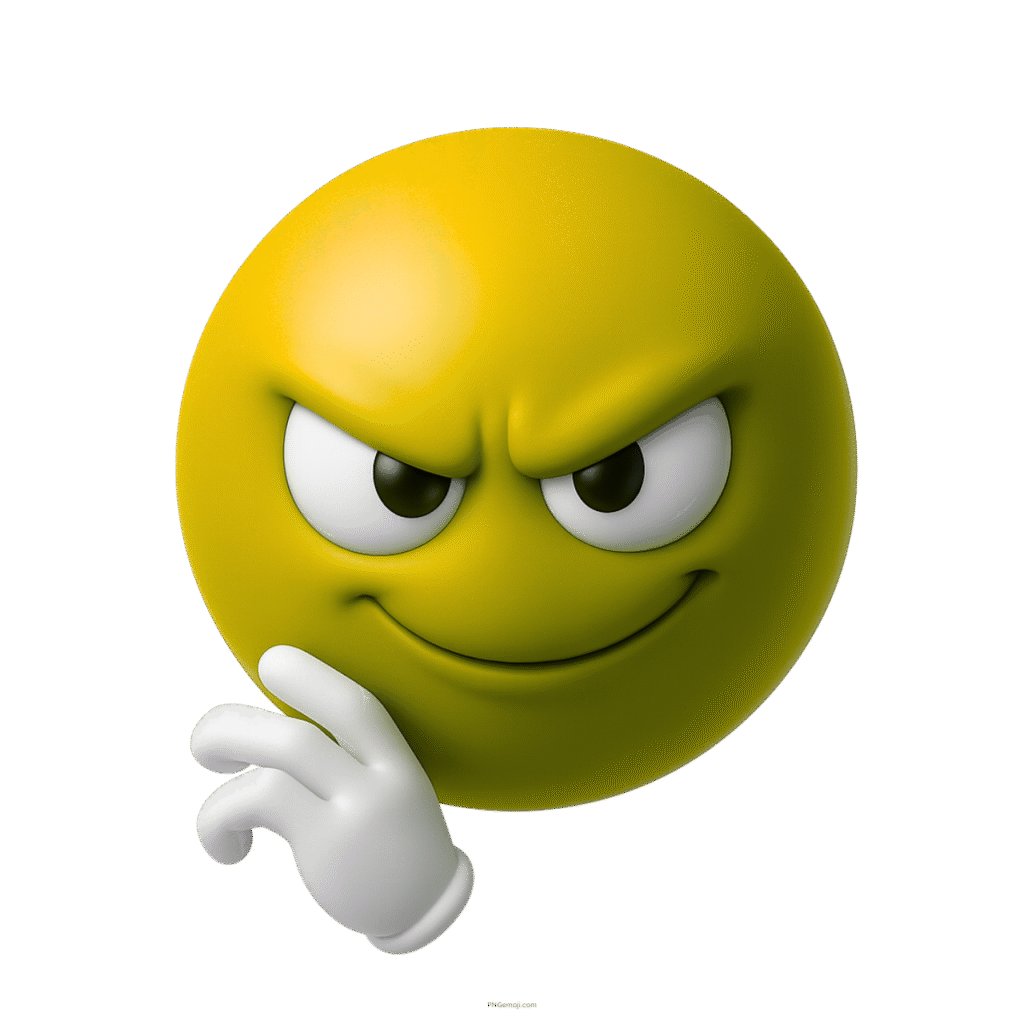 3D yellow emoji with mischievous smile and cunning eyes expression