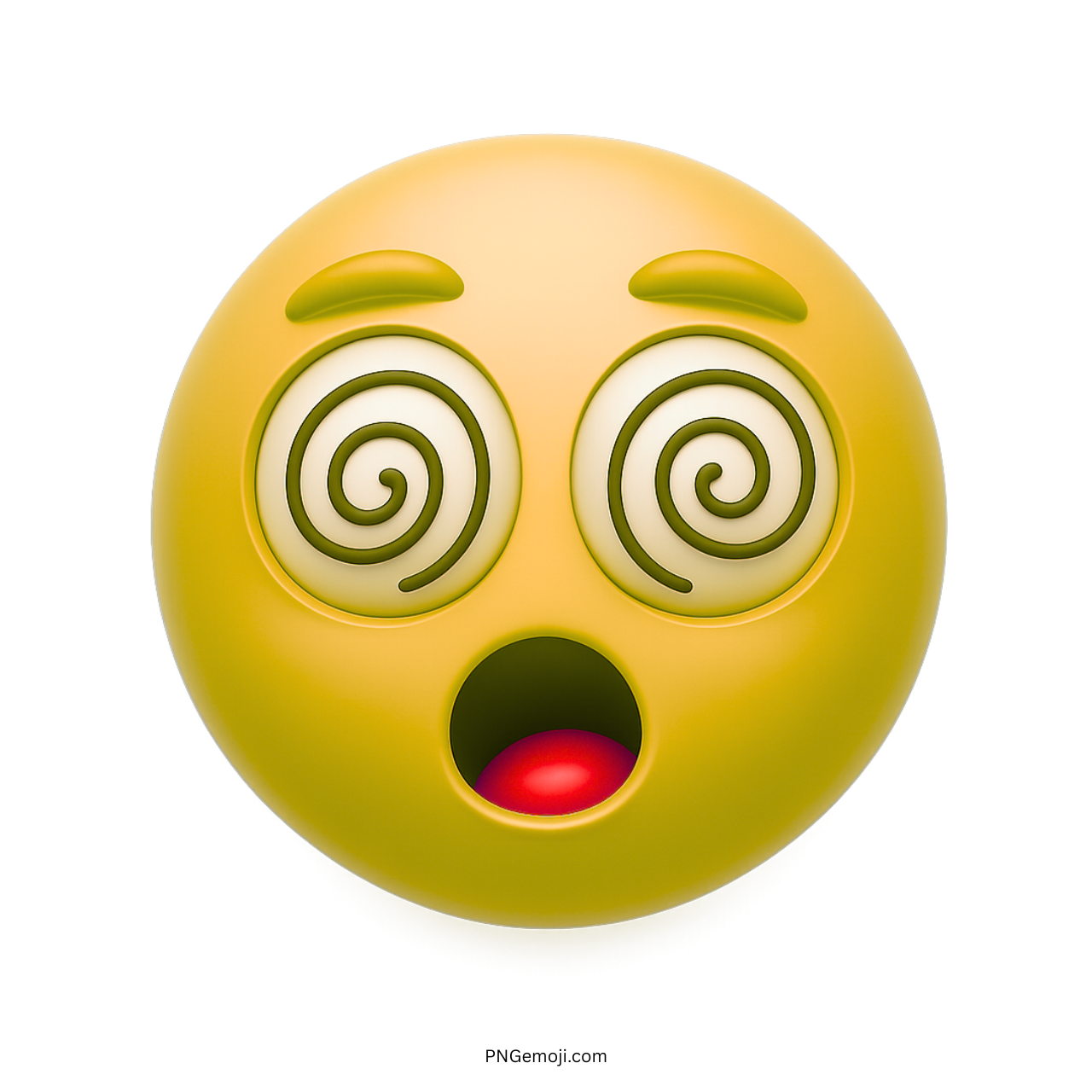 Yellow dizzy emoji with spiral eyes and open glowing red mouth expression