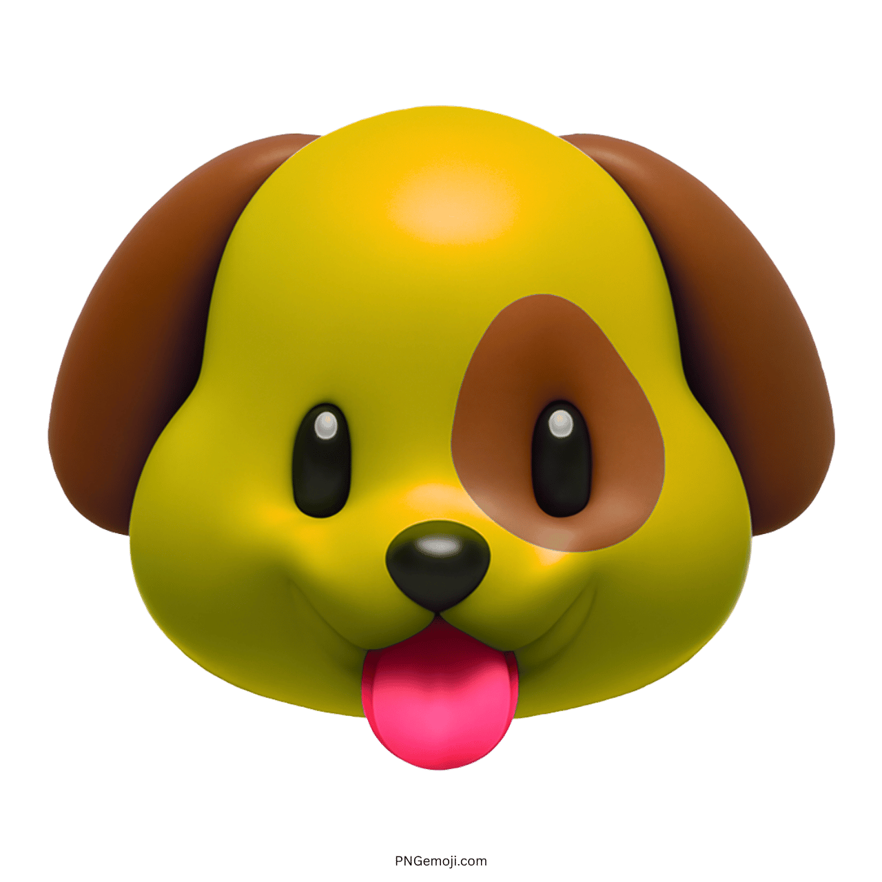 3D yellow dog face emoji with brown ears and playful tongue, cartoon style, transparent background.