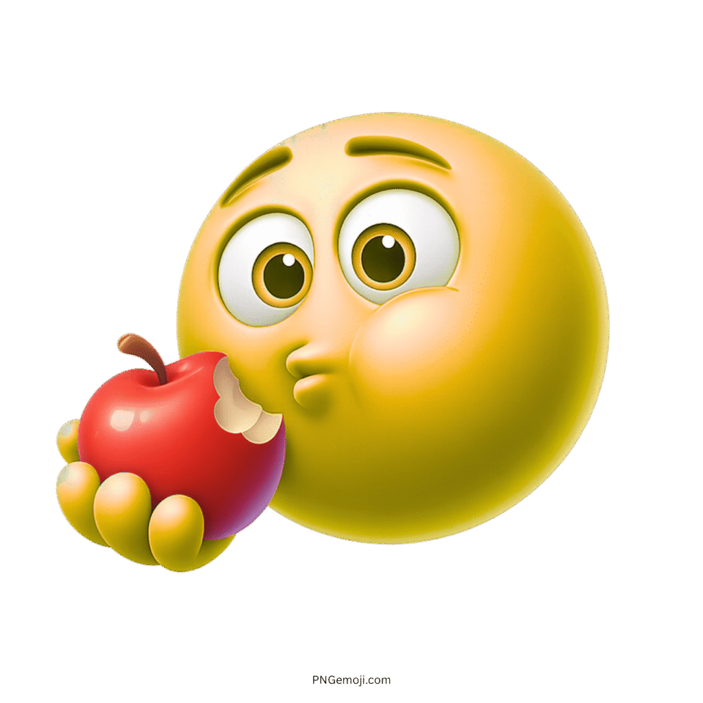 3D yellow emoji biting red apple with puffed cheeks and wide curious eyes
