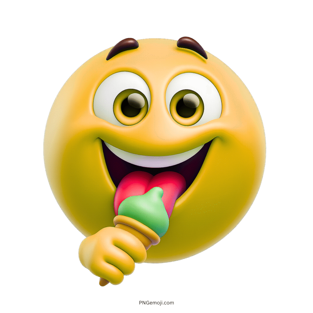 Yellow emoji cartoon character happily eating colorful ice cream with a cheerful smile
