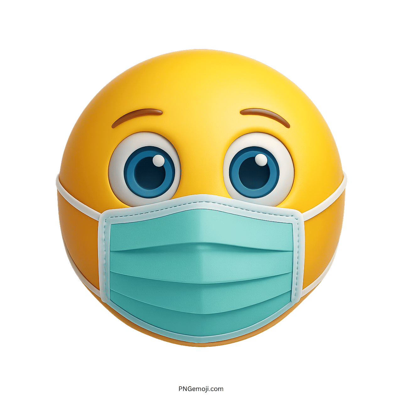 Yellow emoji face with wide blue eyes wearing a teal medical face mask