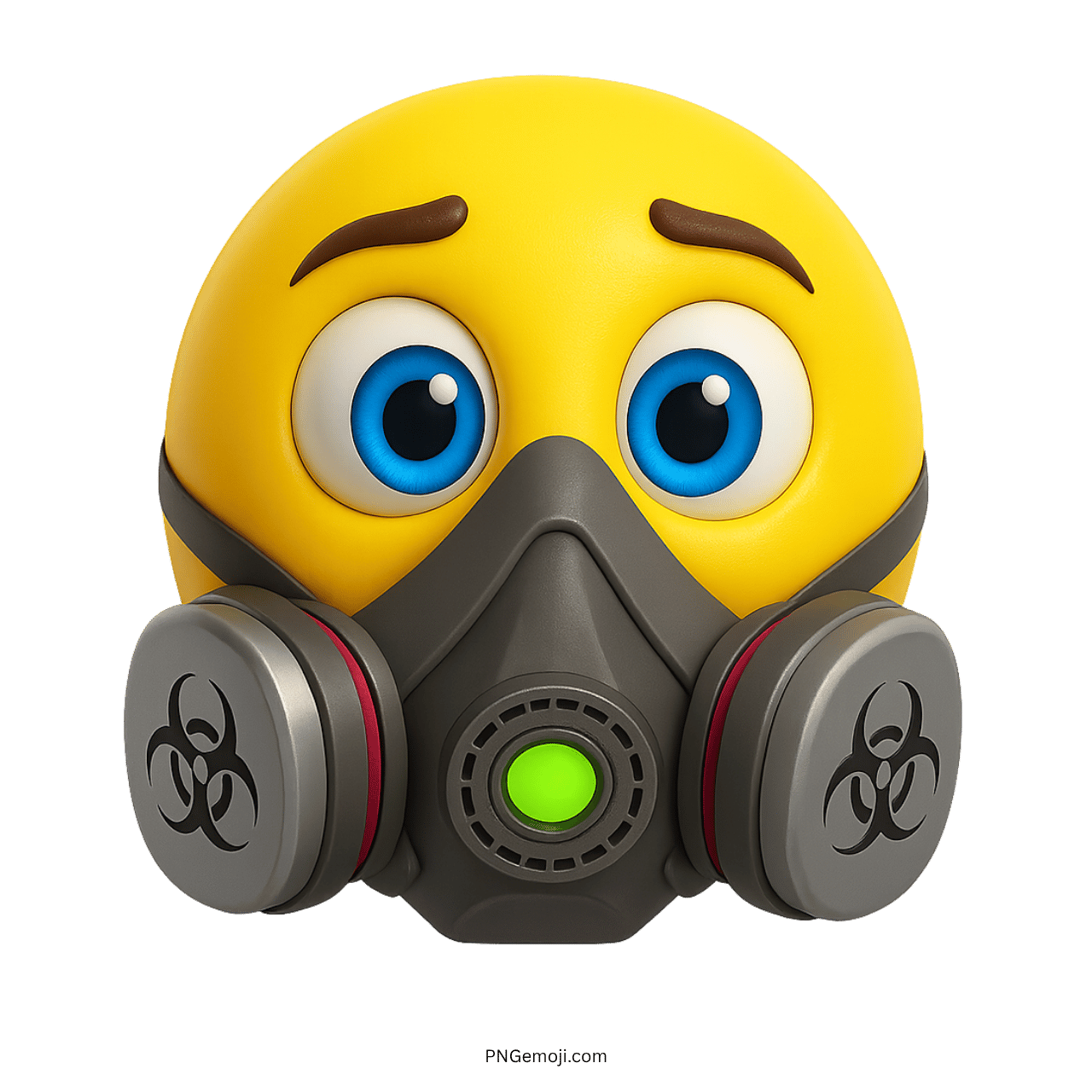 Yellow emoji with blue eyes wearing gas mask with biohazard filters and green vent