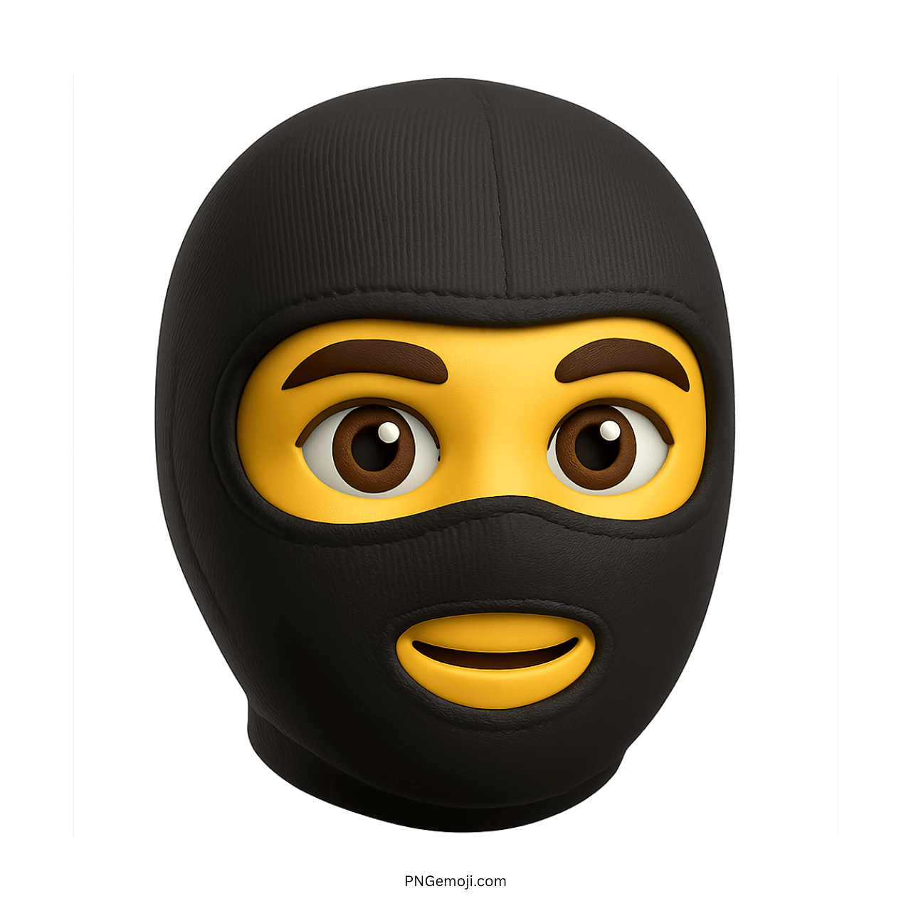 3D yellow face ski mask emoji with brown eyes and subtle smiling expression
