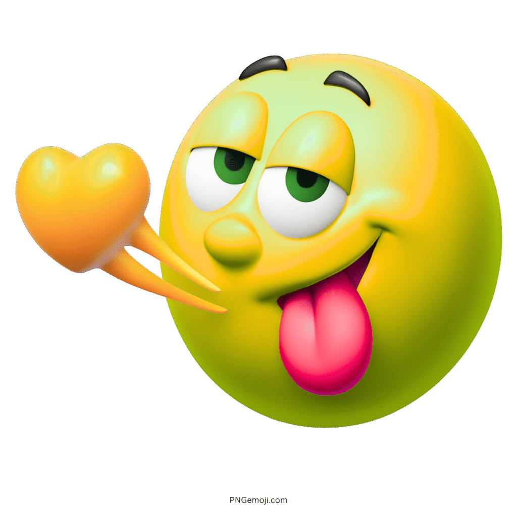 Yellow flirty emoji with green eyes and tongue out blowing heart kiss