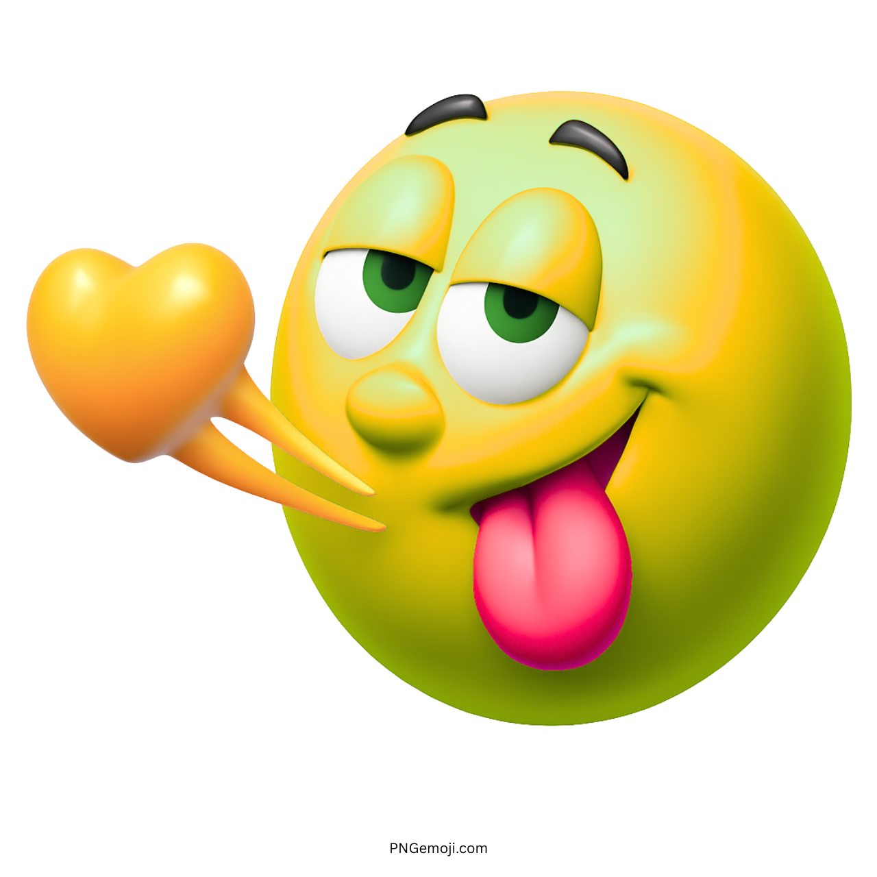 Yellow flirty emoji with green eyes and tongue out blowing heart kiss