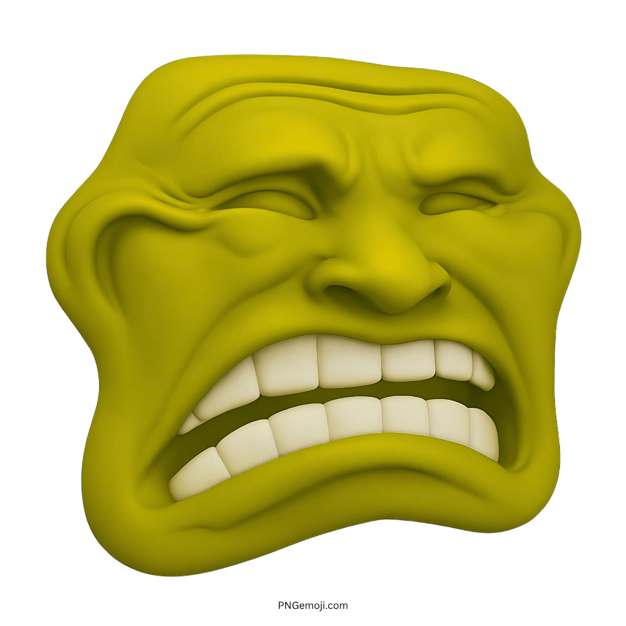 yellow-green sad troll face emoji with grimacing teeth and exaggerated wrinkled expression
