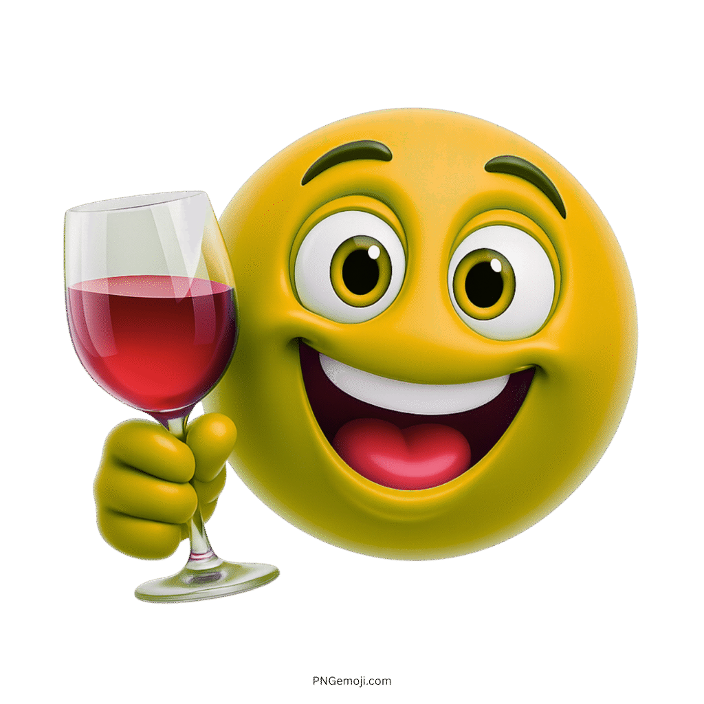 Happy yellow emoji smiling and holding a red wine glass for toast or celebration