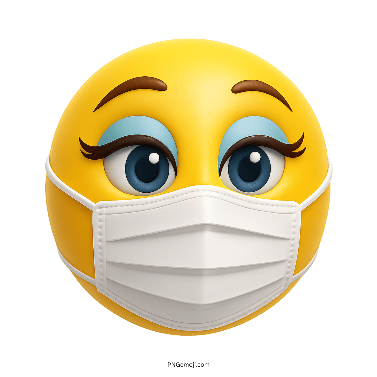 Yellow happy face emoji with blue eyes wearing white medical protective face mask