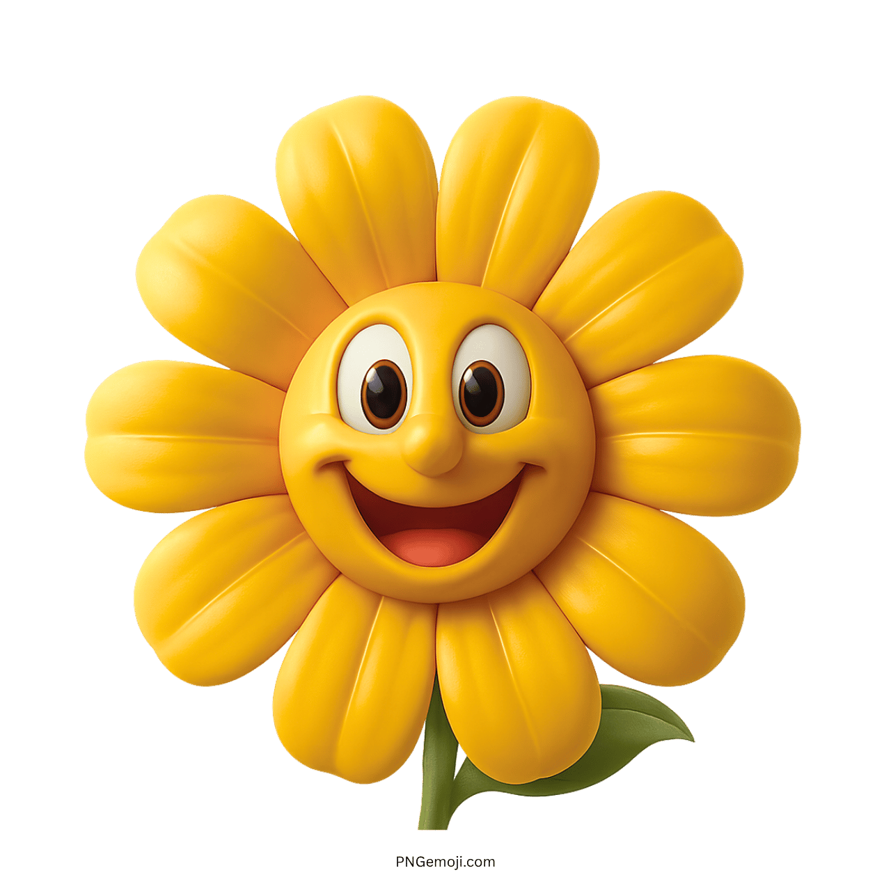Yellow smiling flower emoji with a happy face and green leaf.