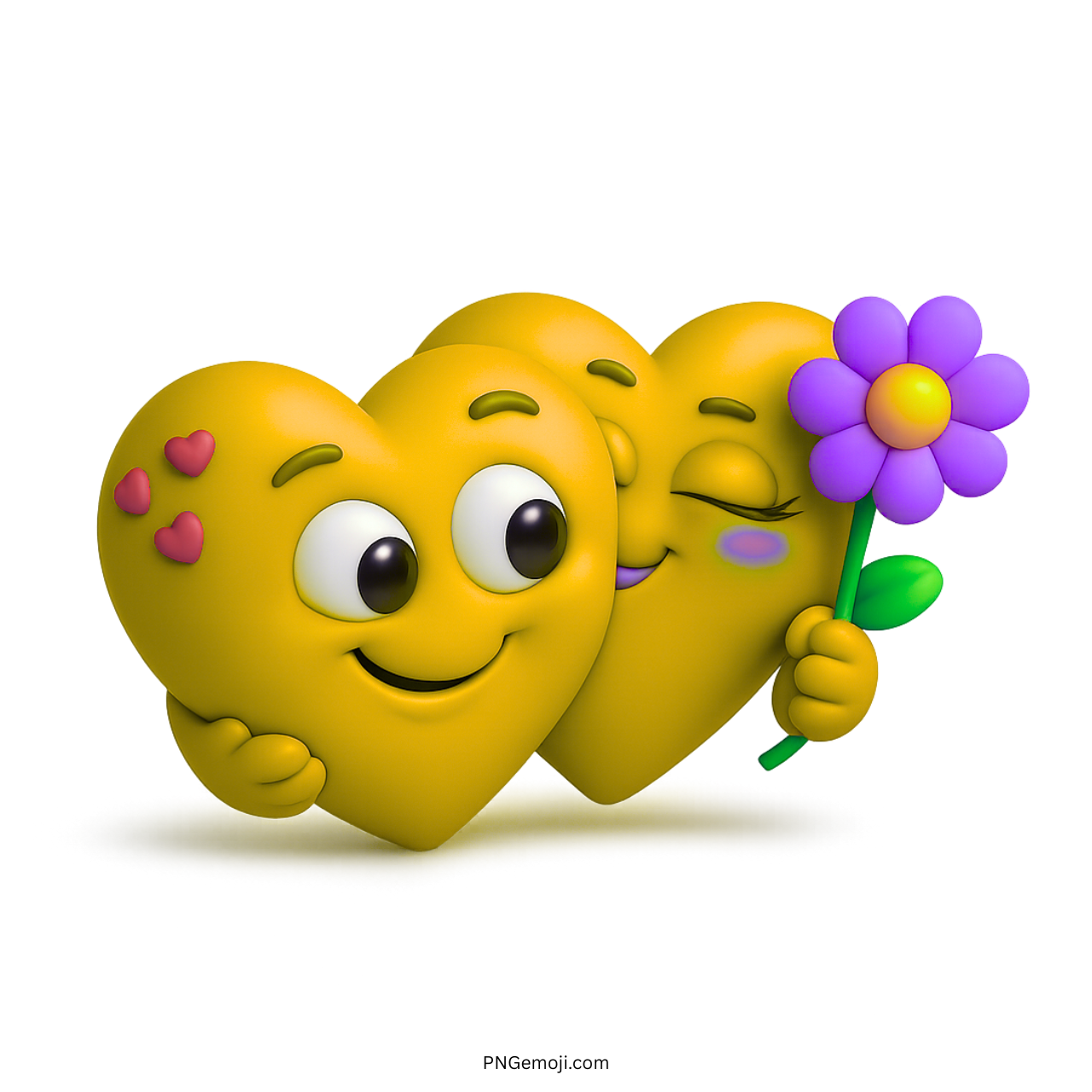 Cute yellow heart couple emoji in love holding flower in 3D style
