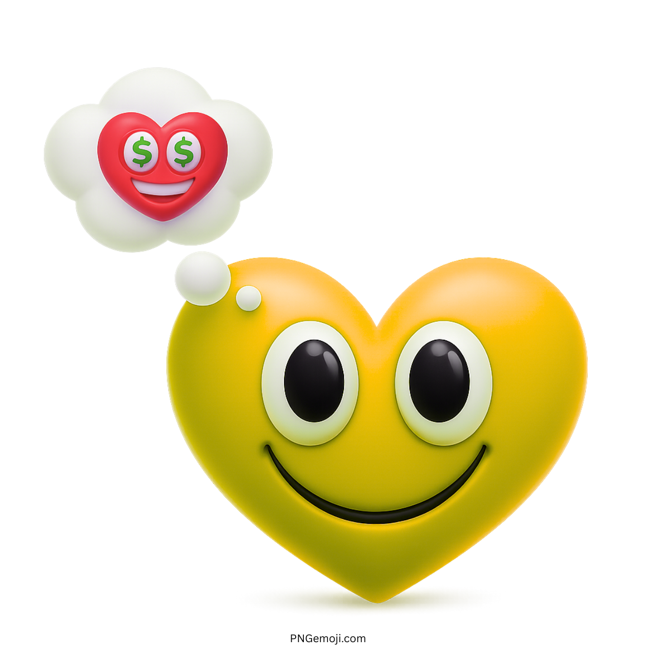 Yellow 3D heart emoji dreaming of love with red dollar-eye heart