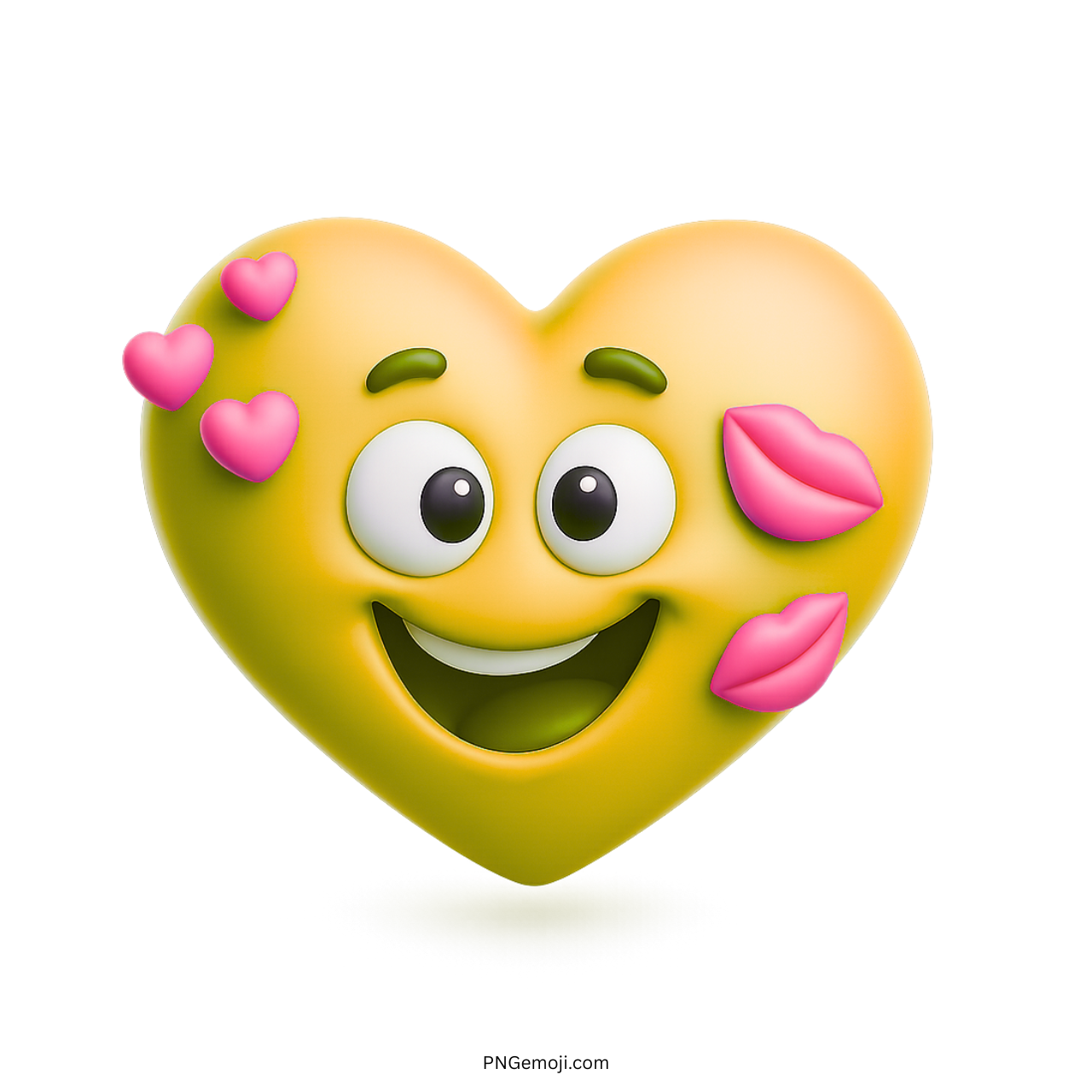 3D yellow heart emoji with pink kisses and floating love hearts