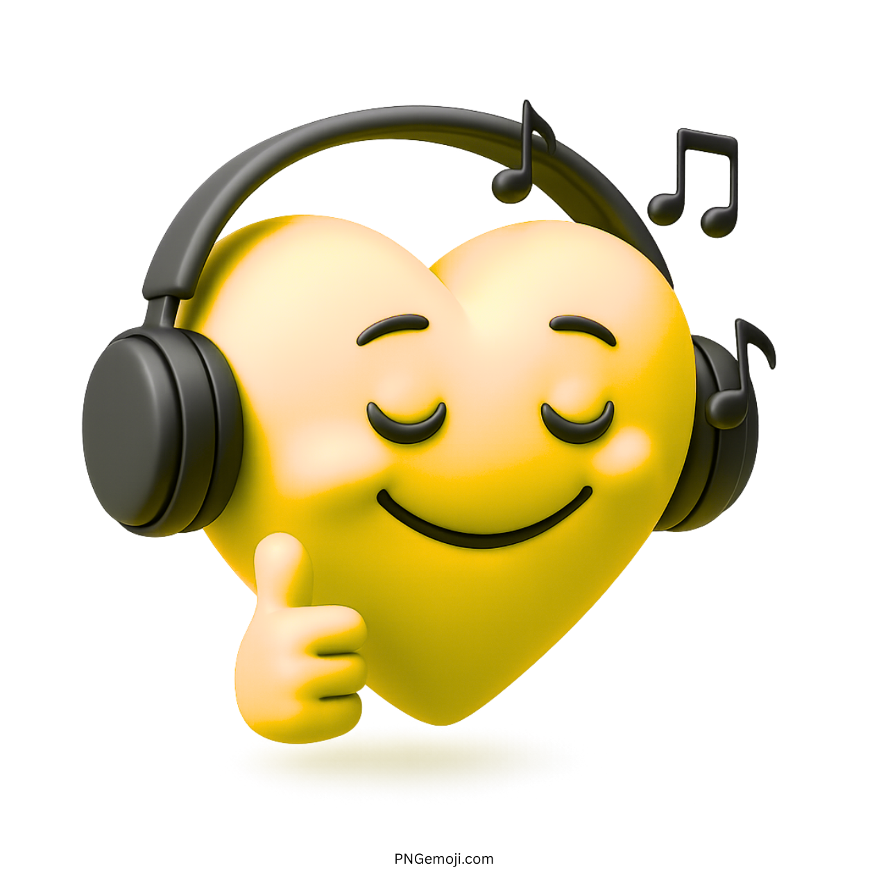 3D yellow heart emoji with headphones enjoying music and showing thumbs up