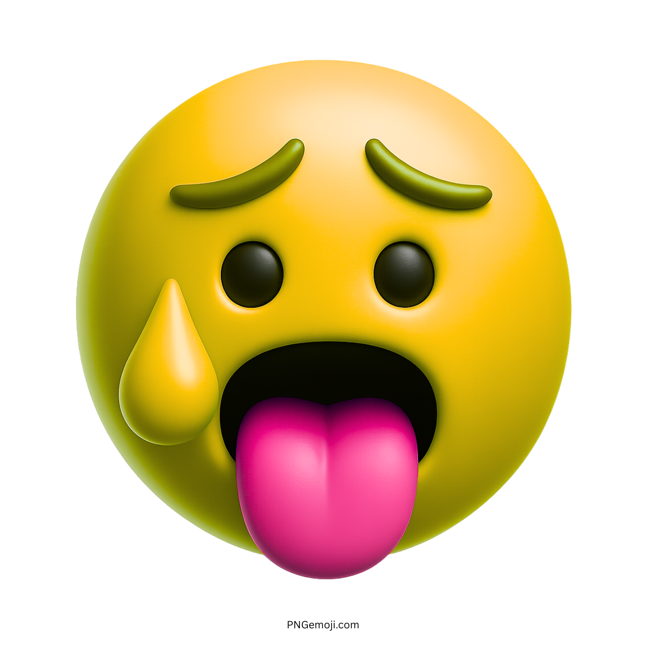 Yellow 3D hot face emoji with sweat drop and tongue out, showing heat exhaustion