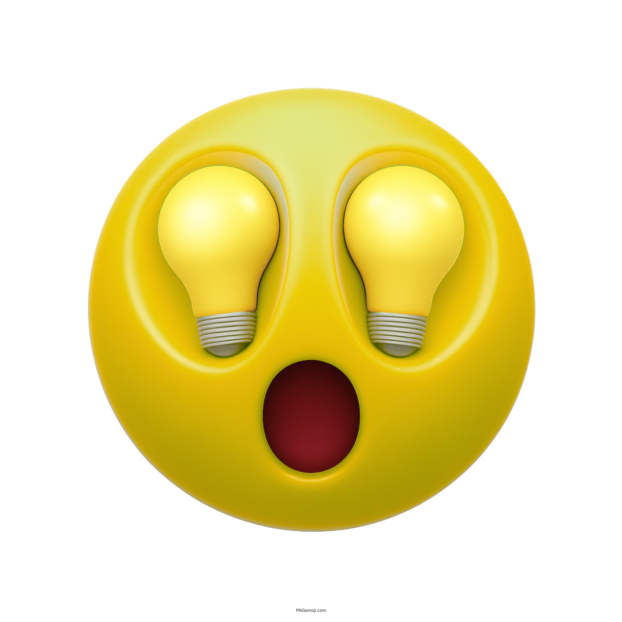 Yellow face emoji with glowing lightbulb eyes and surprised expression for idea moment