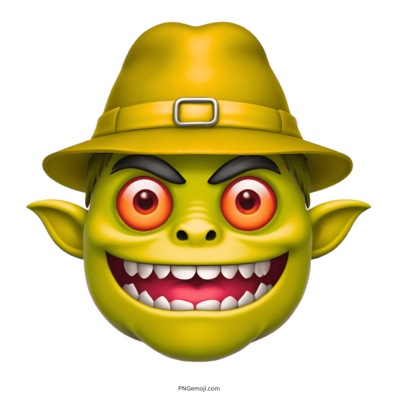 Green monster with red eyes, wide grin, and yellow hat, emoji character.