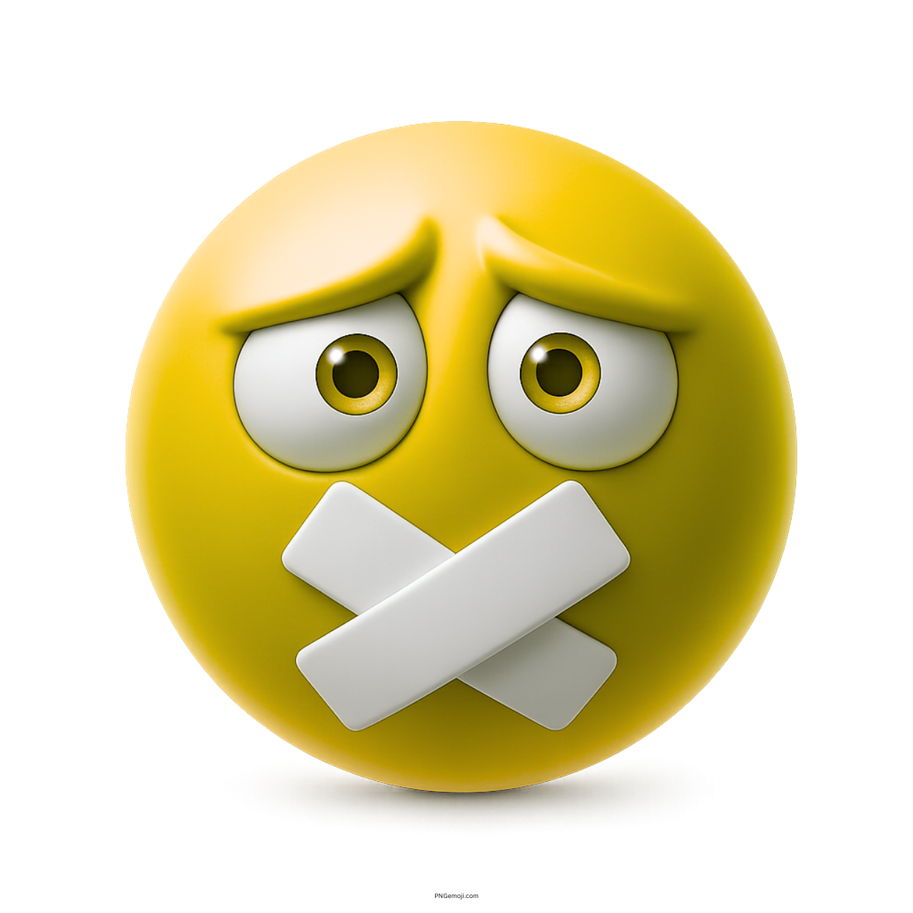 Yellow muted emoji with taped mouth and anxious wide eyes expression