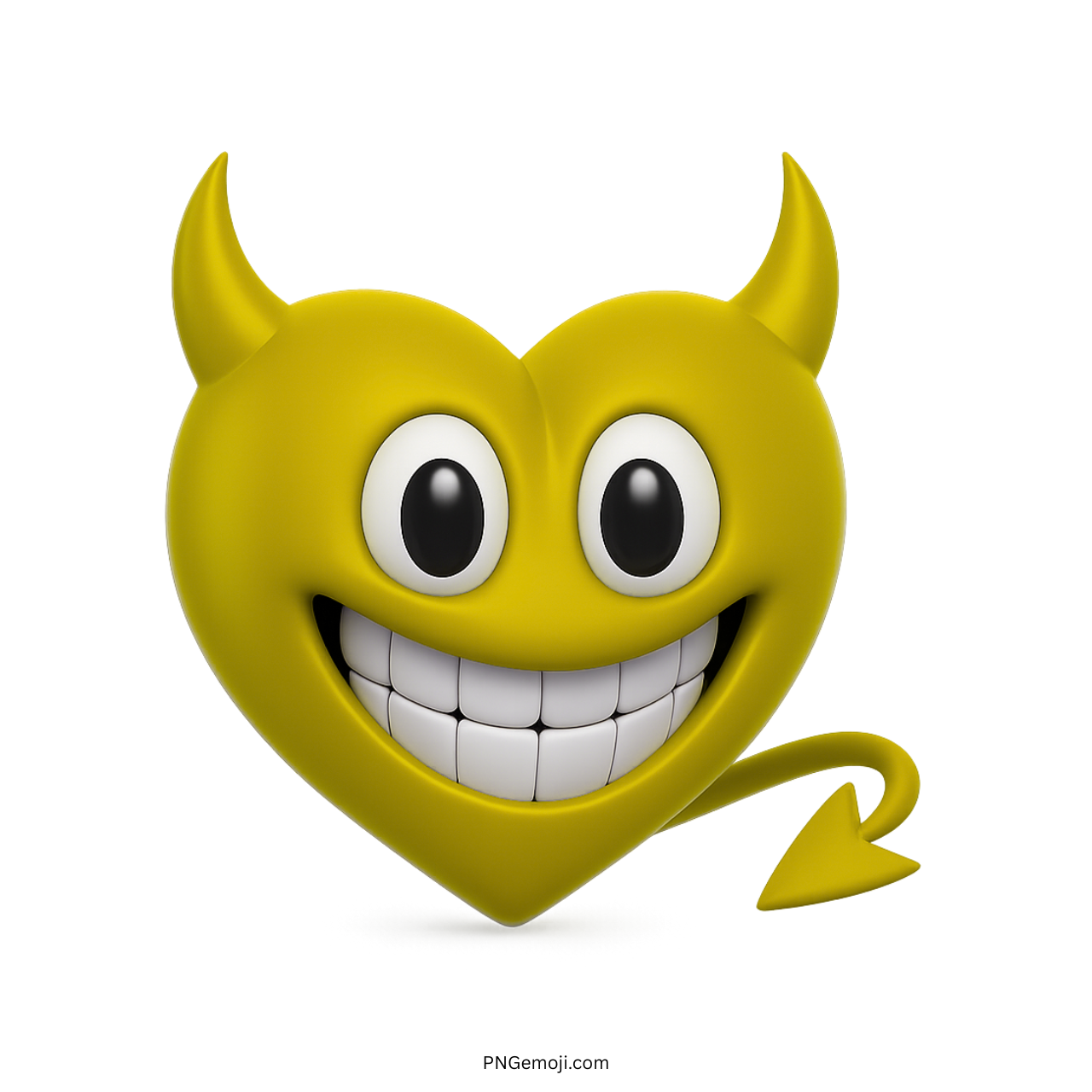 3D yellow heart emoji with devil horns, big white grin, and pointed tail