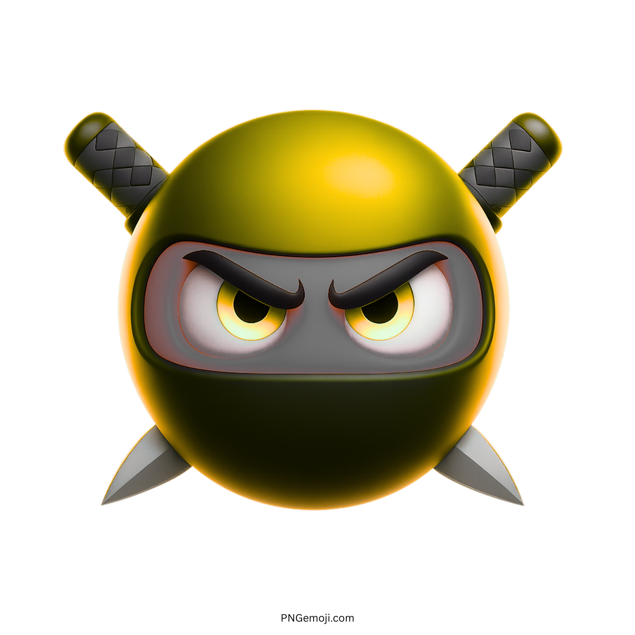 3D yellow ninja emoji with glowing eyes and swords on transparent PNG background