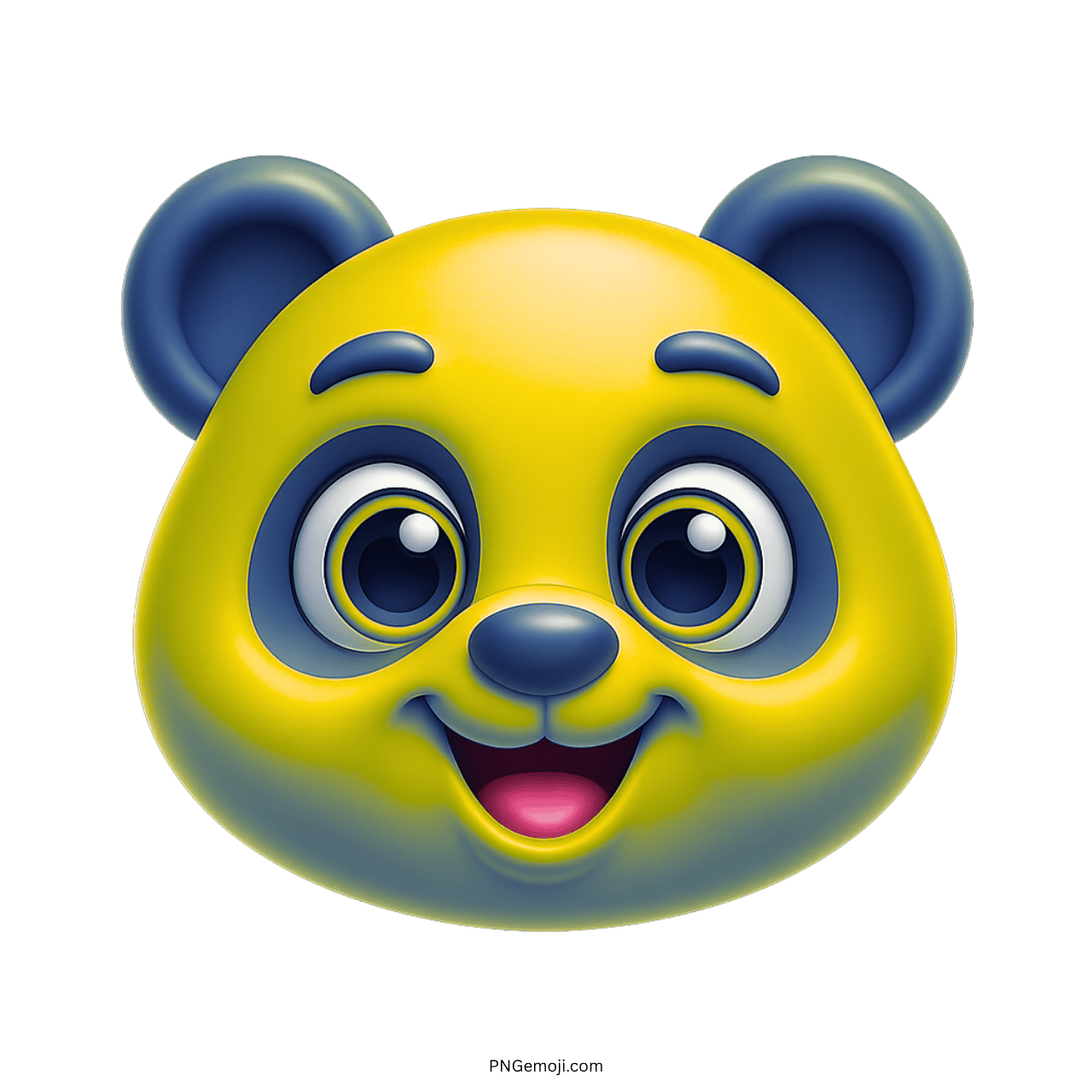 Cute yellow panda face emoji with big eyes, smiling, blue accents, cartoon style, green background, cheerful expression.