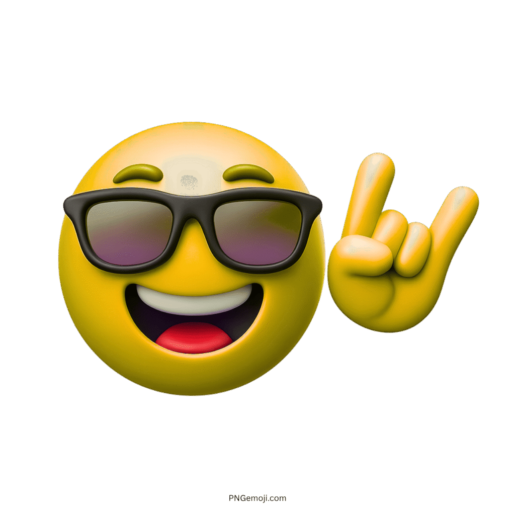 Smiling yellow 3D emoji wearing sunglasses making rock-on hand gesture in celebration