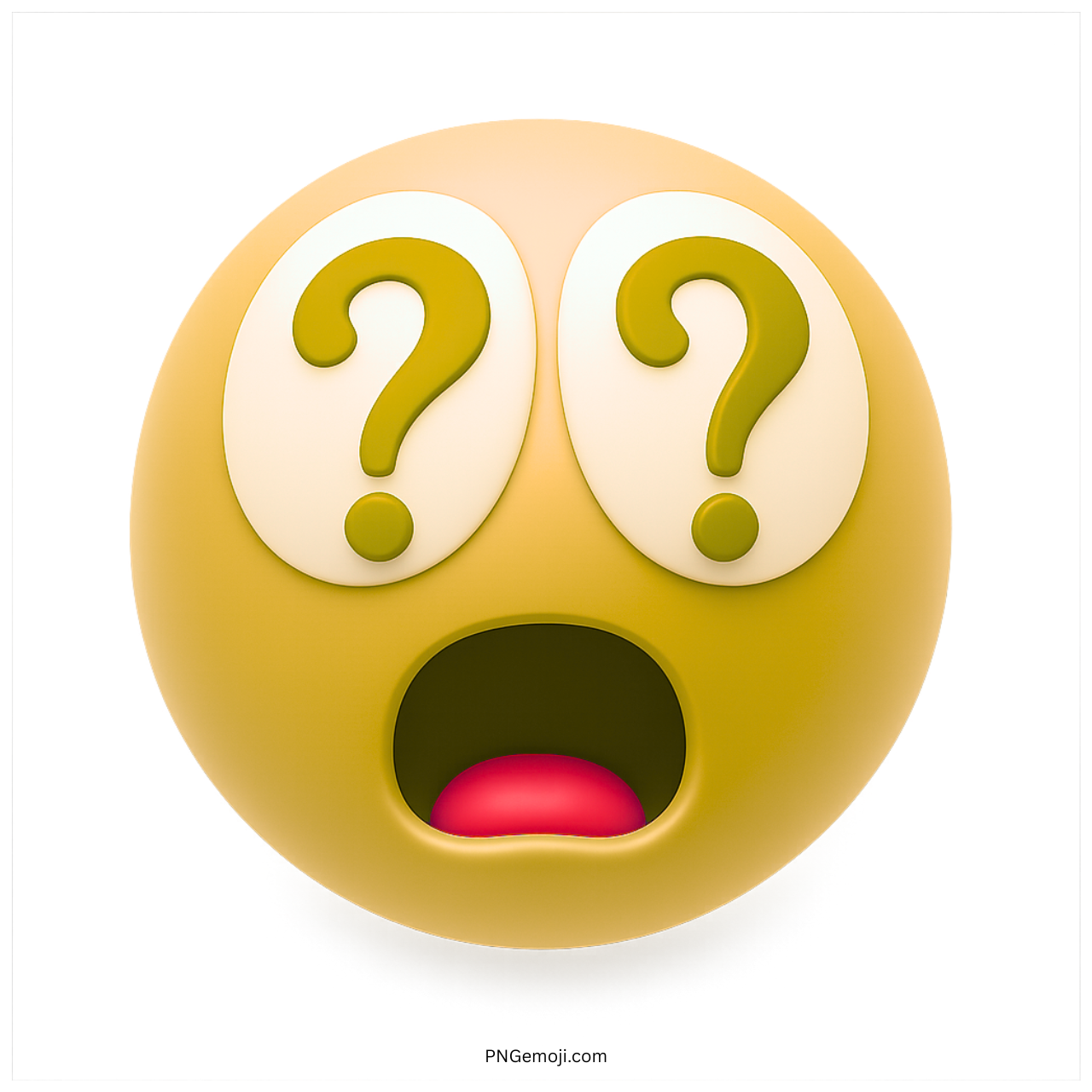 Yellow emoji with question mark eyes and open mouth in shock
