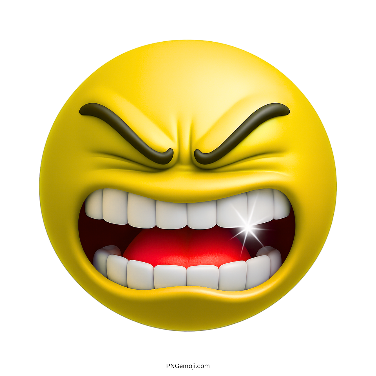 3D yellow angry emoji with clenched teeth, glowing sparkle, and furious facial expression