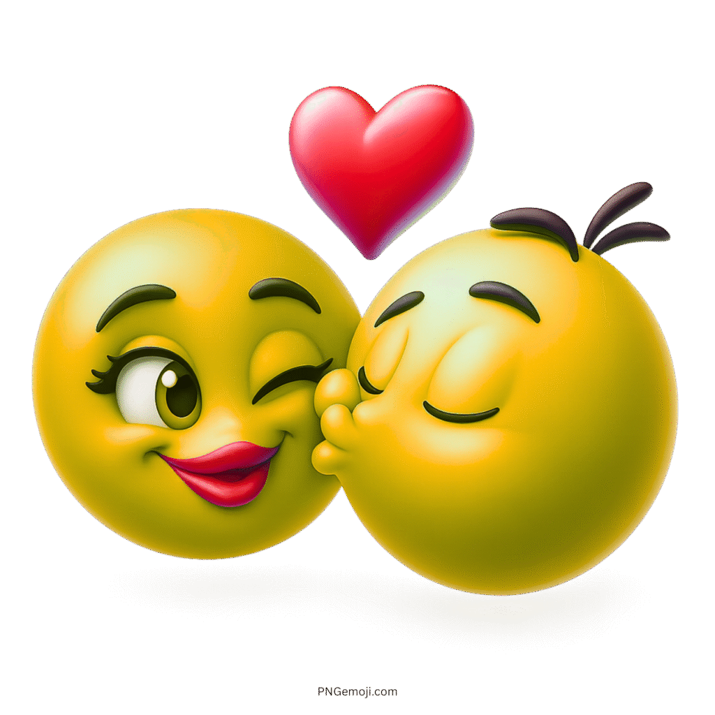 Yellow romantic emoji couple kissing with red heart and love expression in 3D