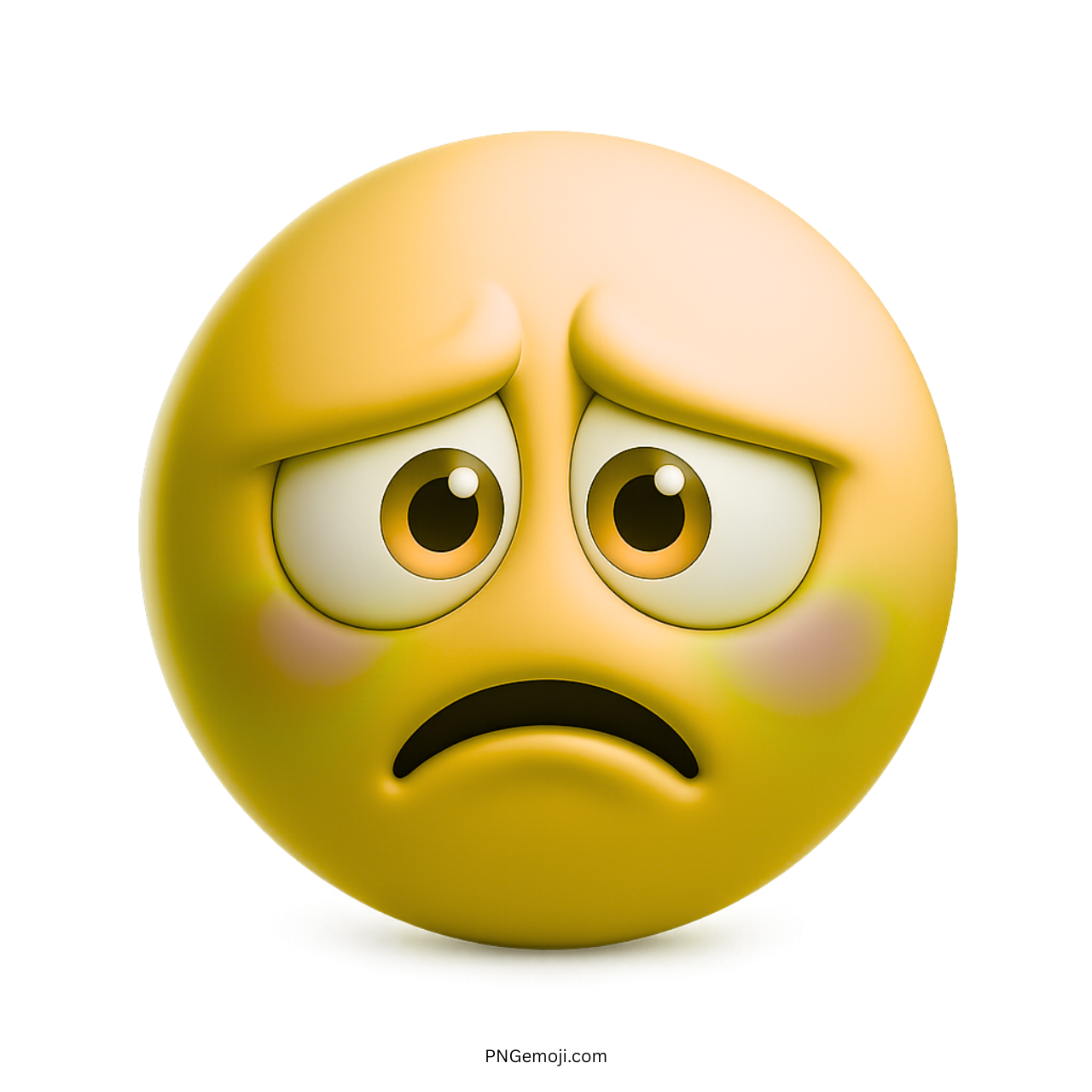 3D yellow frowning emoji with big sad eyes and curved-down mouth expression