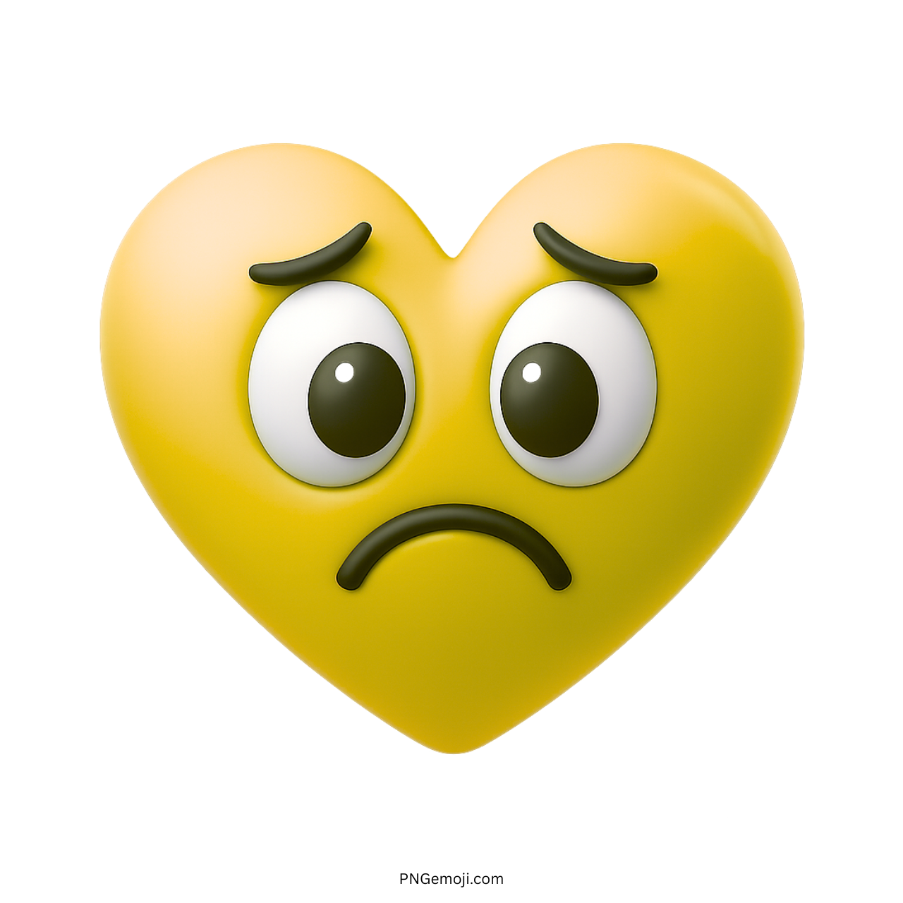 Yellow heart emoji with frowny face, big sad eyes, and emotional cartoon style