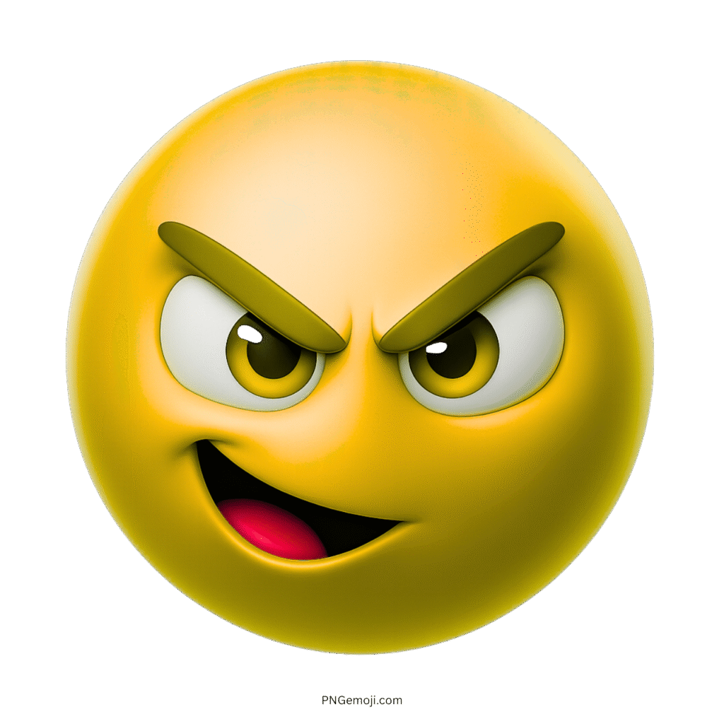 Yellow emoji with evil smirk and mischievous eyes in 3D design