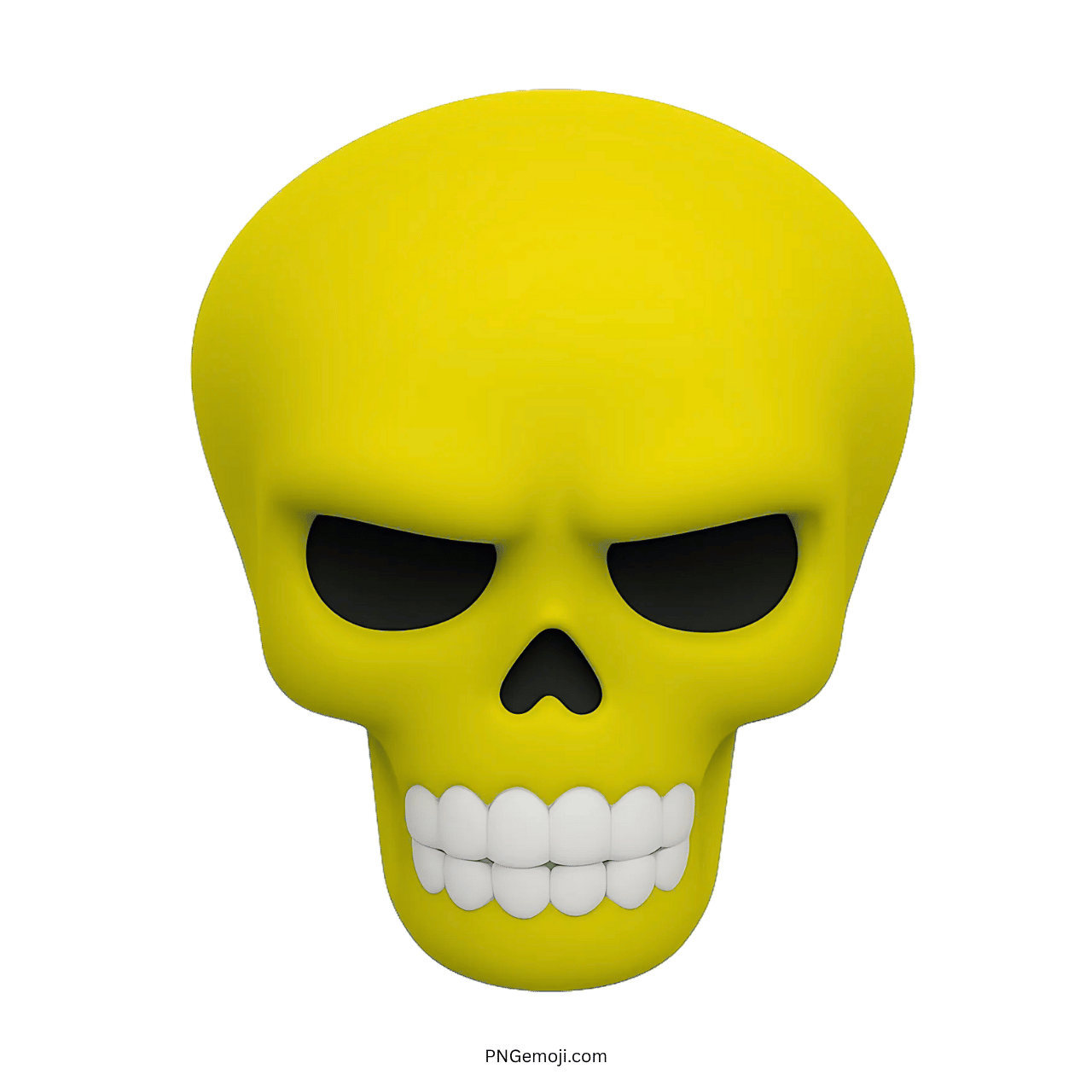 3D yellow skull emoji with black eye sockets and white teeth on transparent background