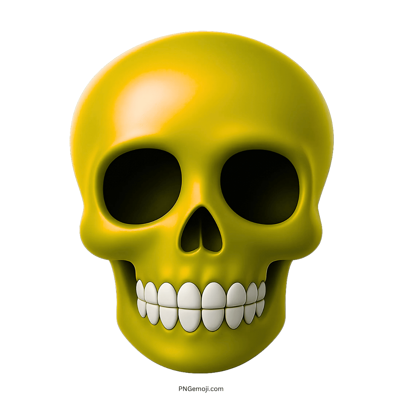3D yellow skull emoji with white teeth and black eye sockets on transparent background