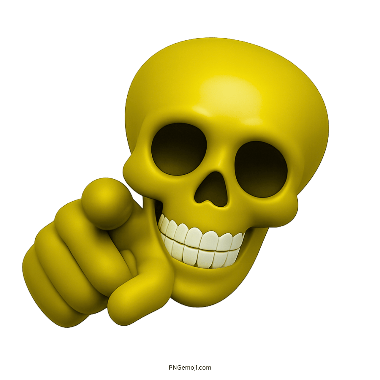 3D yellow skull emoji pointing finger forward with creepy smiling expression
